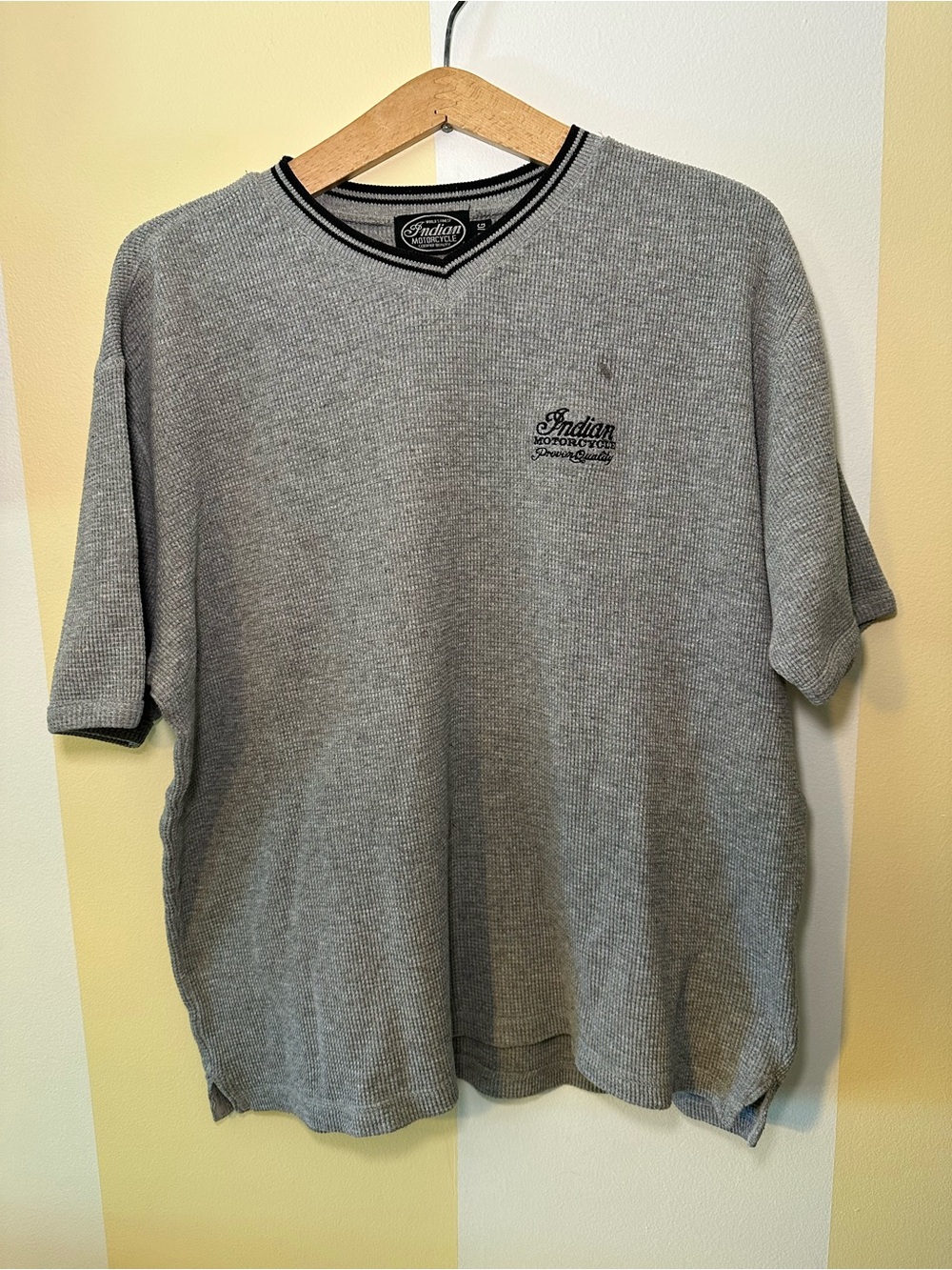 Vintage Indian Motorcycle Grey Waffle Knit V-Neck L
